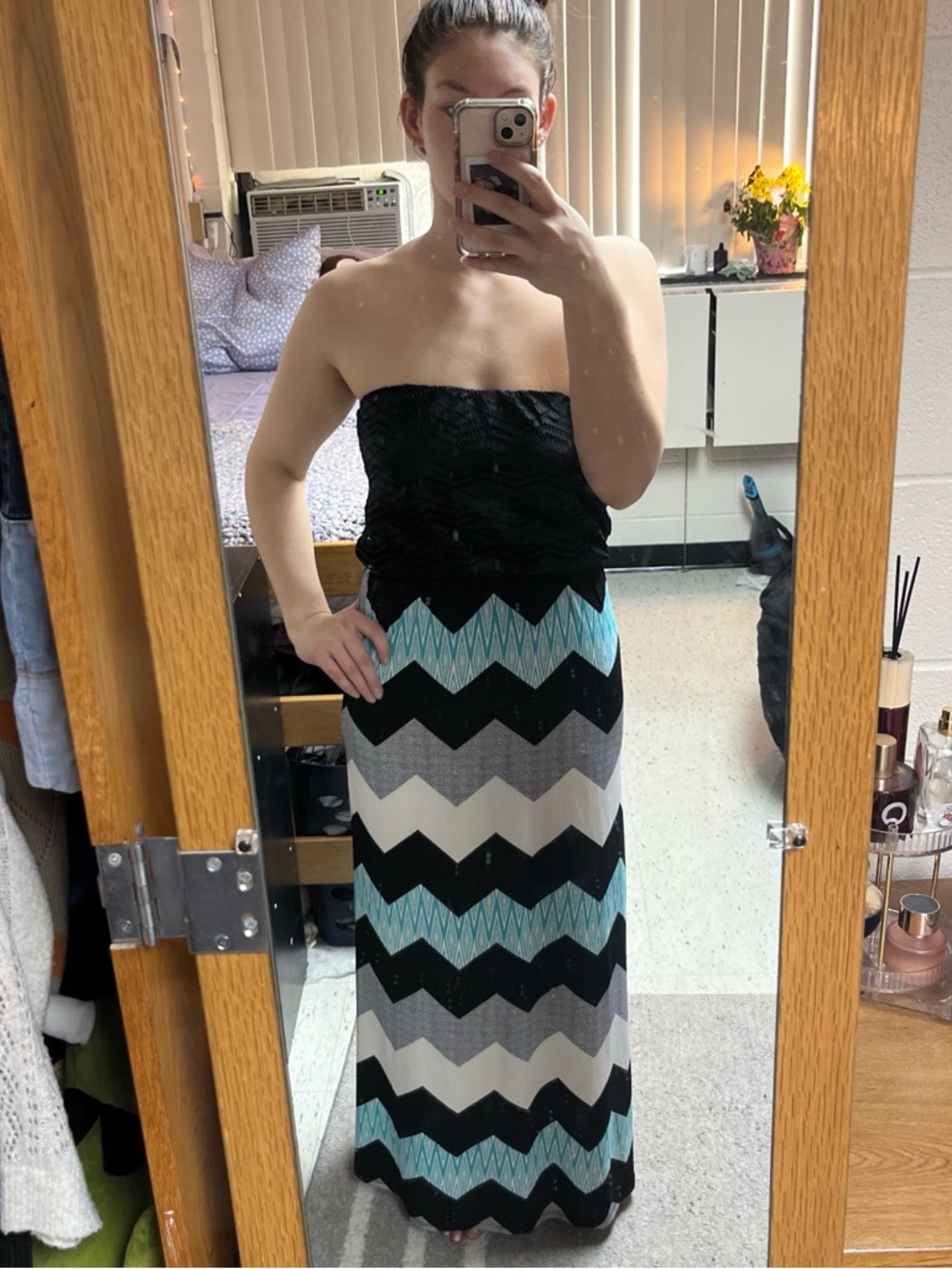 Trixxi Strapless Chevron Maxi Dress in Black, Gray & Aqua